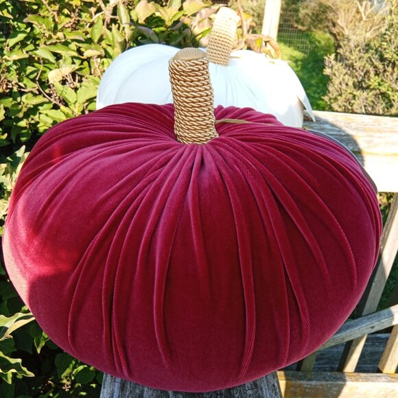 Big Fall Decor Pumpkins Cranberry and White /Cream Velvet Halloween - Picture 2 of 7